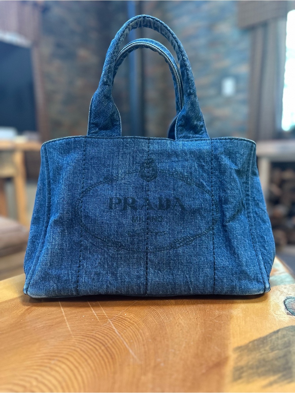 Prada Denim Canapa Logo Tote Blue Canvas Handbag Italy